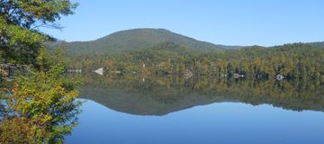 Lake with mountains reflected in water