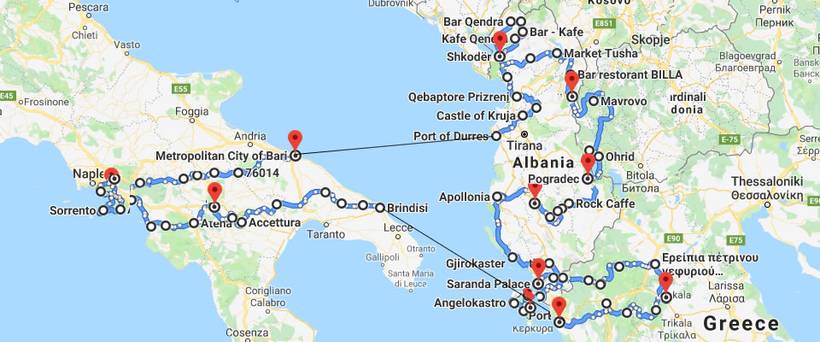 Tour Route Italy Albania Macedonia Greece