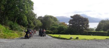 Harley-Davidsons leaving hotel car park