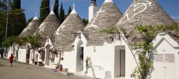 The Trullis at Alberobello – round white houses with conical shaped roofs